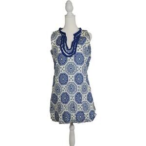 Tracy Negoshian Blue Green Geometric Medallion Ruffle Neck Cotton Shift Dress S